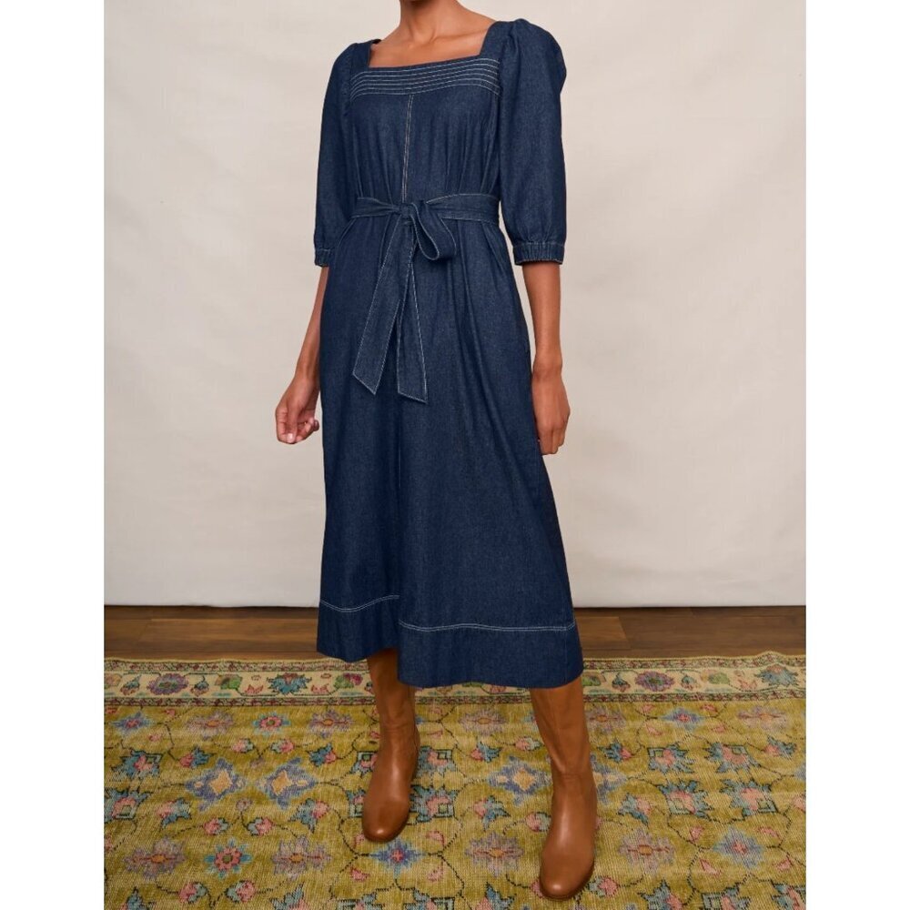 WYSE Square-Neck Midi Dress in Dark Denim Blue